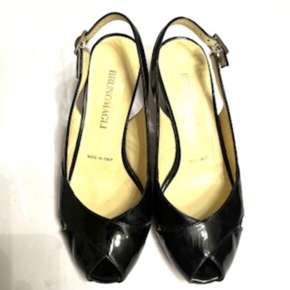 Bruno Magli Black Patent Leather Open Toe Slingback Wedge Sandals Sz 36 - Picture 3 of 7